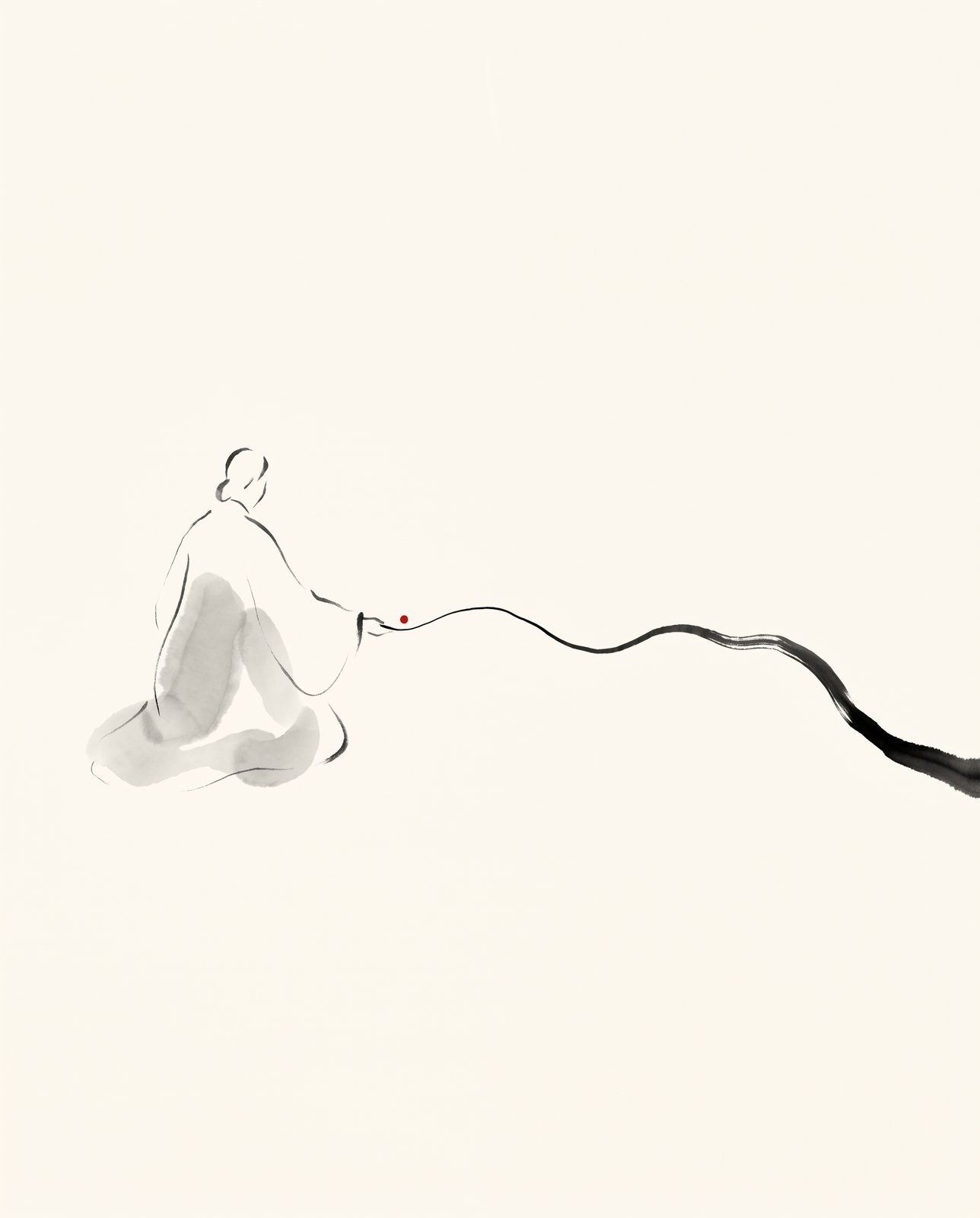 Ink drawing: a seated figure and one flowing line