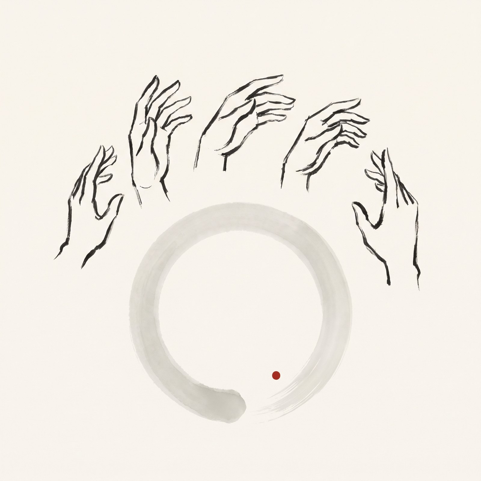 Ink drawing: hands around a brushed circle